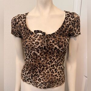 Madden Girl Short Sleeve Mesh Tie Front Animal Print Lined Blouse NWT